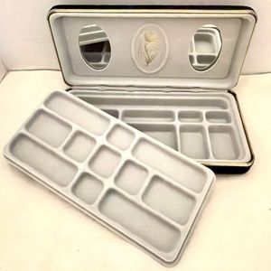 Vintage Rectangular Black Velvet Two Tiers Jewelry Box with Golden Metal Trim